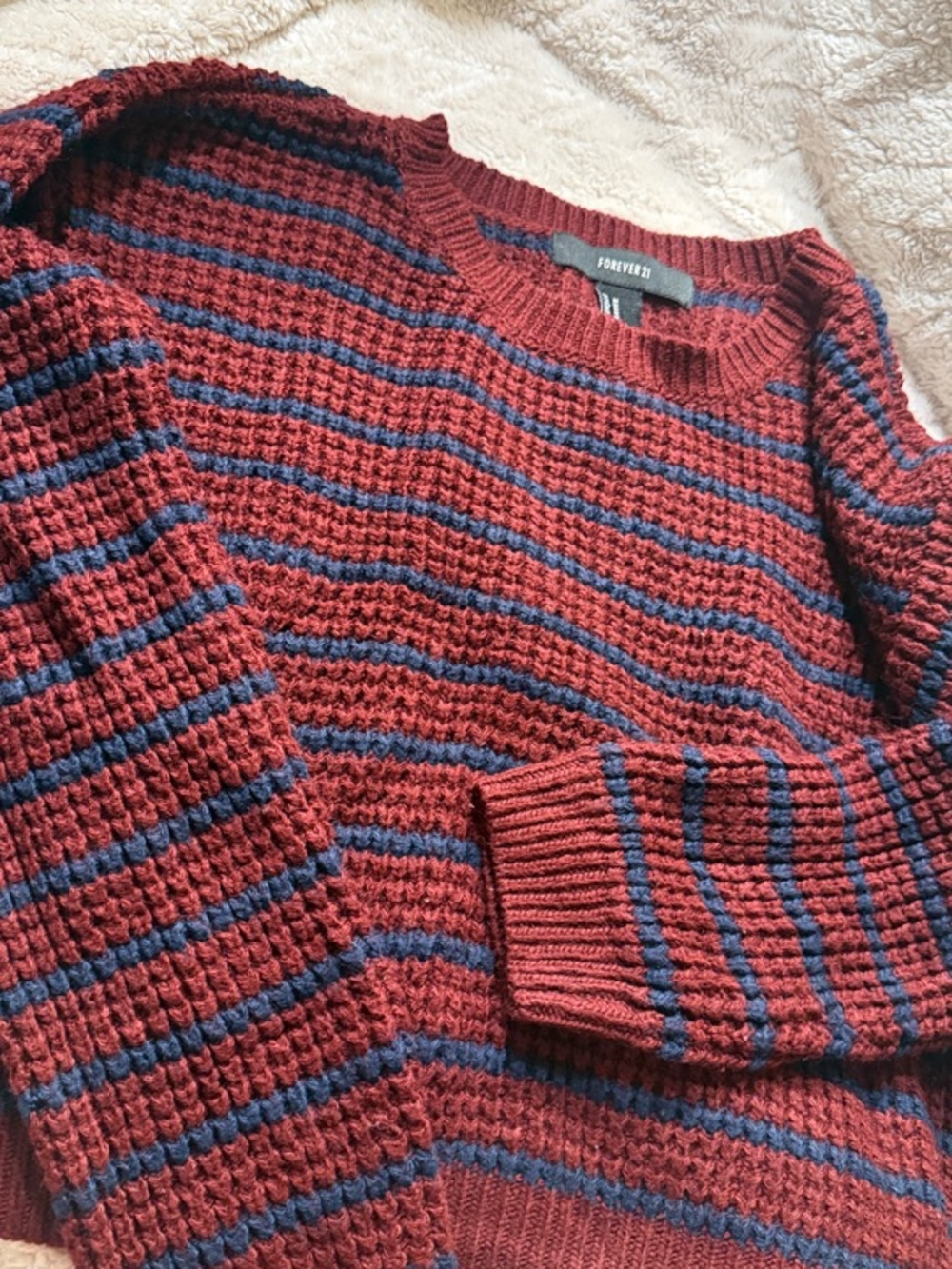 Forever 21 Burgundy and Navy Striped Knit Crewneck Sweater